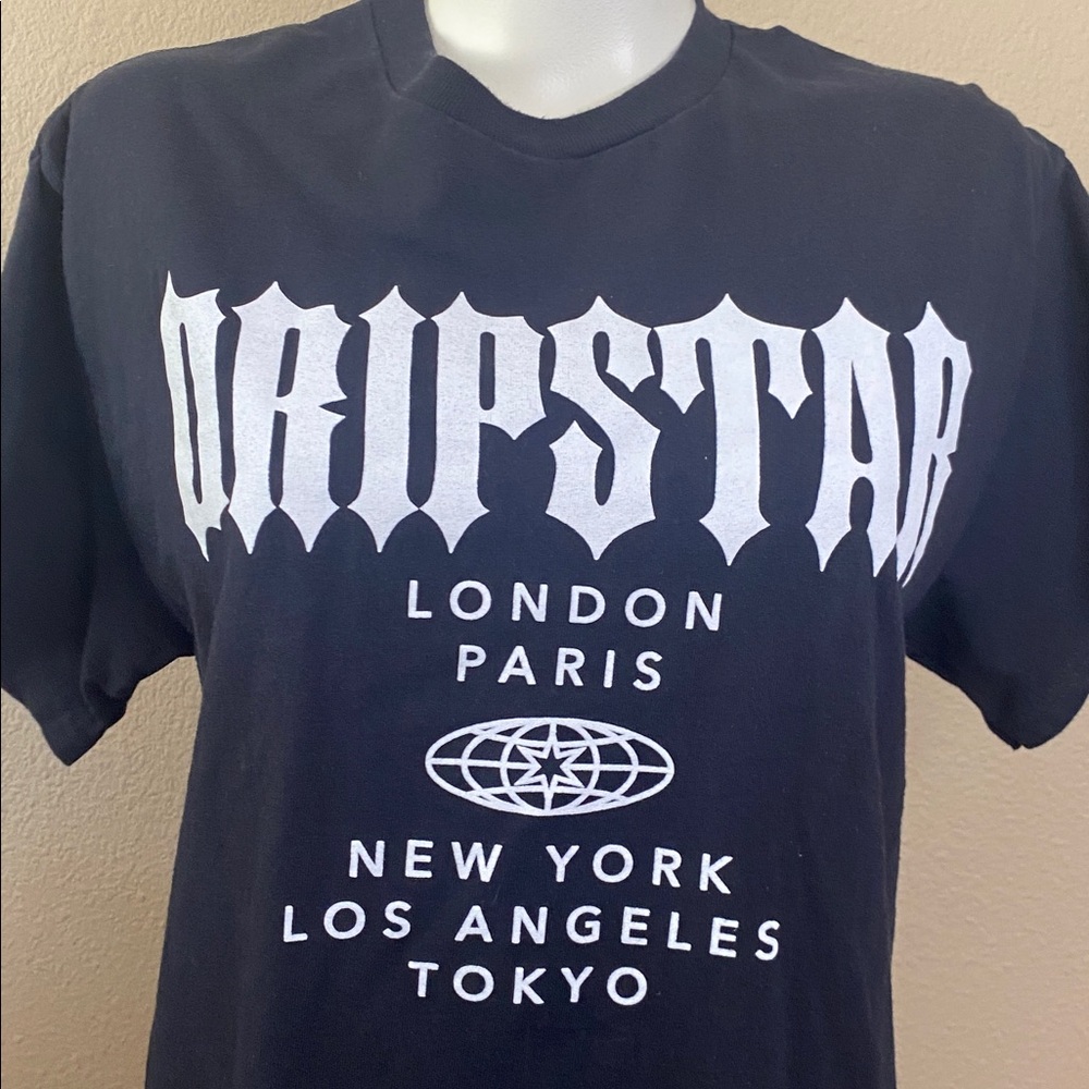 DRIPSTAR London Tokyo Paris NY LA graphic black cotton crew tshirt M